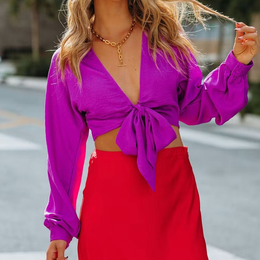 VICI SATIN TIE FRONT CROP BLOUSE - MAGENTA